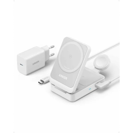 Incarcator wireless magnetic Anker MagGo 3-in-1, MagSafe compatibil, 15W, Qi2 Certificat, Pliabil, (incarcator si cablu USB-C inclus) Alb