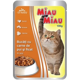 Miau Miau Mancare umeda pisici cu carne de pui si ficat in sos, 100 g