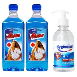 Pachet dezinfectant Mona Spirt/Alcool Sanitar 2x500ml + Hygienium Virucid Gel dezinfectant maini 300 ml, avizat Ministerul Sanatatii