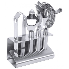 Set 5 ustensile pentru barman, compus din: suport + strecuratoare cocktail + cleste + desfacator sticle + cutit, inox 18/10 cu finisaj lucios, dimensiuni 130x70x170mm